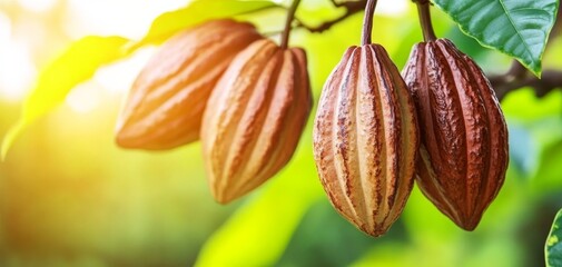 Sun-Drenched Cacao Pods A Close-up of Ripe Cocoa Beans Hanging from a Branch, With Soft Focus Background of Lush Green Foliage