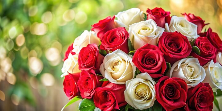 Vibrant red and white roses arranged in a stunning bouquet, set against a soft, blurred background, evoking a sense of romantic elegance and timeless beauty.