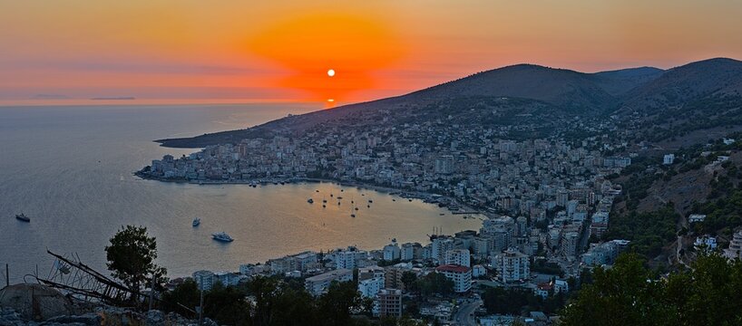 View from the Lekuresi castle on Saranda at sunset