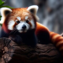 A red panda is leaning against a wooden log