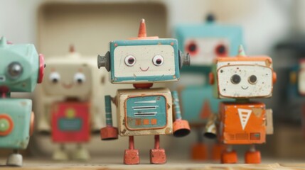 Vintage Robot Toy Collection, an intricate ink drawing showcasing a diverse array of classic robots, thoughtfully arranged on a minimalist backdrop emphasizing their unique designs.