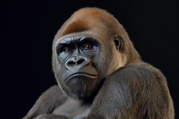Obraz premium Photo of a gorilla isolated against a black background, emphasising the gorilla's majestic features. Wildlife and conservation concept, space for copy.