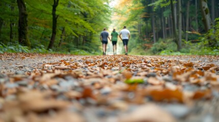 Fototapeta premium Three people are walking in a forest