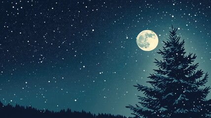 Naklejka premium A serene Christmas Eve night sky with a glowing full moon and falling snowflakes over a silhouette of pine trees.