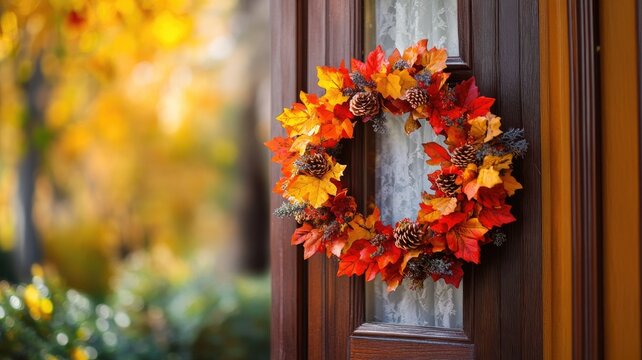 Autumn wreath made of vibrant orange and red leaves with pinecones, hanging on a wooden door, welcoming the fall season.