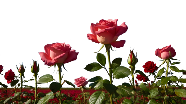 pink and red roses field isolated on white ,transparent background png landscape 