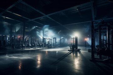 Empty gym at night with exercise machines and dim backlighting creating a mysterious atmosphere