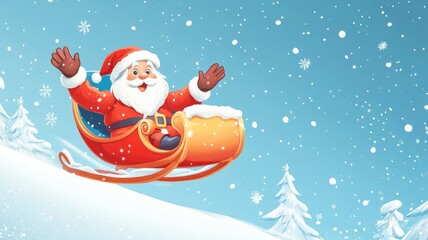 A joyful cartoon Santa Claus sliding down a snowy hill in his sleigh, spreading holiday cheer with a bright smile.