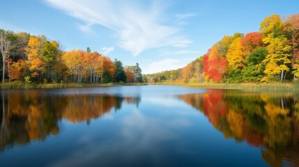 Fototapeta premium A beautiful lake with a blue sky and trees in the background