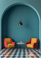 Modern interior with colorful chairs and table under an arch in minimalist design
