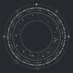 Celestial abstract background with orbits and stars and empty space for text. Vector illustration