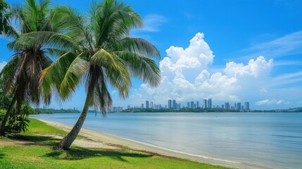 Palm Tree on Sandy Beach with City Skyline in Distance