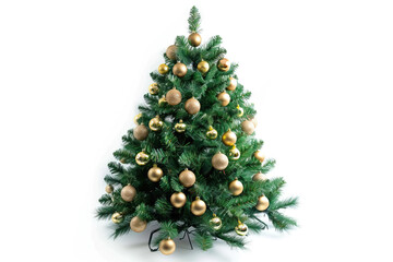 Beautifully decorated Christmas tree with golden ornaments and lights, set against a pure white background for a festive feel.