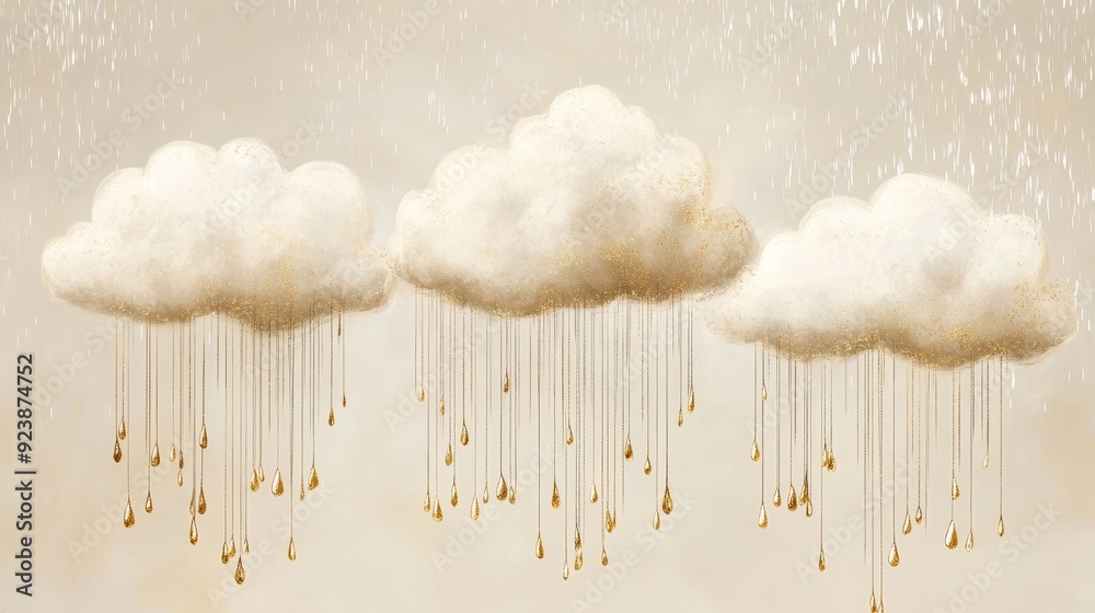 Sticker Golden Rain Clouds - Abstract Dreamy Art - This abstract painting features three fluffy clouds with golden raindrops cascading down, symbolizing a dreamy, ethereal, and luxurious atmosphere, conveying