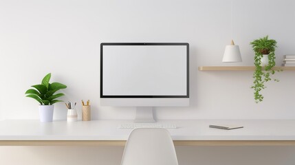A computer desk with a white computer monitor, a keyboard, and a mouse