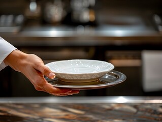 Fototapeta premium Polished Tray Offered by Discreet Hotel Server with Attentive Service