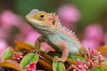 A close-up shot of a vibrant lizard perched on a green leaf, showcasing its detailed scales and bright eye in a natural, lush environment.