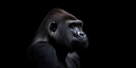 Obraz premium Photo of a gorilla isolated against a black background, emphasising the gorilla's majestic features. Wildlife and conservation concept, space for copy.