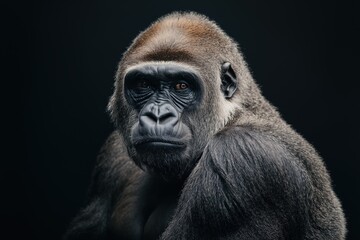 Obraz premium Photo of a gorilla isolated against a black background, emphasising the gorilla's majestic features. Wildlife and conservation concept, space for copy.