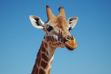 Naklejka premium A majestic giraffe gazes into the distance, its elegant neck and spotted coat standing out against the soft focus of an African savannah backdrop.