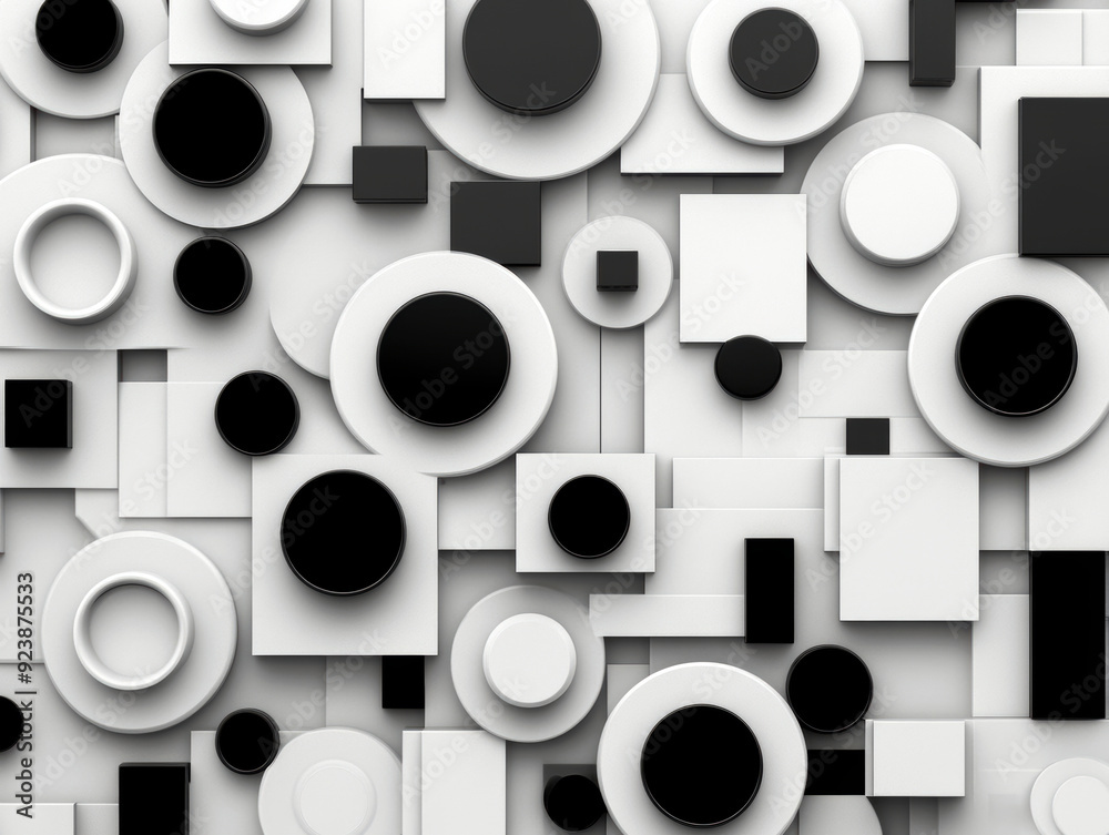 Poster a black and white abstract design of circles and squares. the design is full of circles and squares,