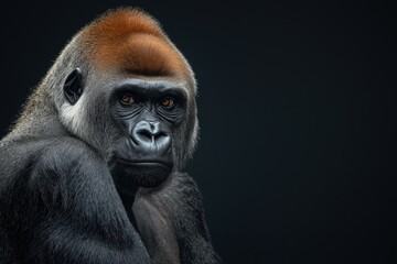Obraz premium Photo of a gorilla isolated against a black background, emphasising the gorilla's majestic features. Wildlife and conservation concept, space for copy.