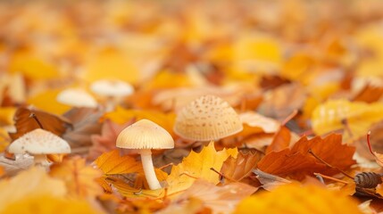 A mushroom is sitting on top of a pile of yellow leaves