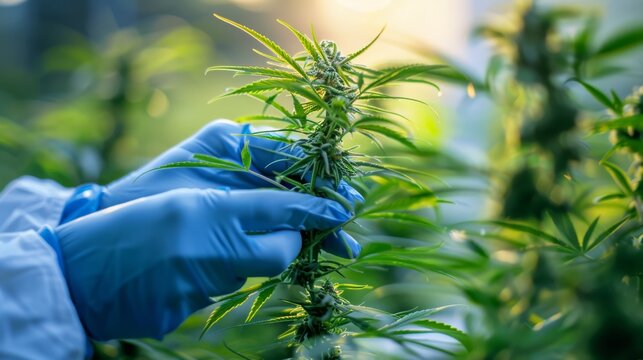 Close up of a scientist gloved hands holding a hemp plant focus on herbal alternative medicine