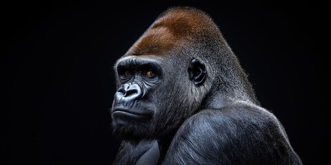 Obraz premium Photo of a gorilla isolated against a black background, emphasising the gorilla's majestic features. Wildlife and conservation concept, space for copy.