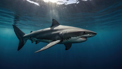 Obraz premium Majestic Great White Shark Swimming Gracefully Under Clear Blue Ocean Water