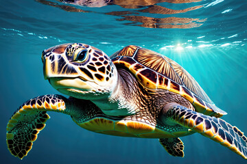 Fototapeta premium Majestic Sea Turtle Swimming Gracefully Under Bright Sunlight in Crystal Clear Ocean Water