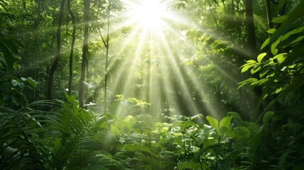 Fototapeta premium A bright sun shining through the trees in a lush green forest