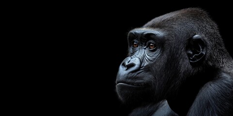Obraz premium Photo of a gorilla isolated against a black background, emphasising the gorilla's majestic features. Wildlife and conservation concept, space for copy.