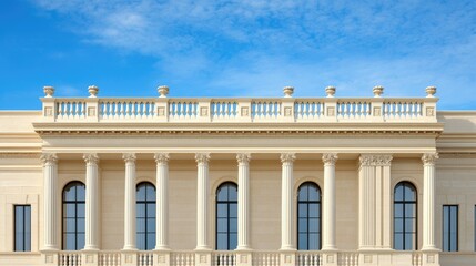 Naklejka premium A stunning European-style villa features intricate details and a beige facade, situated in a bustling urban area of Shanghai under a clear blue sky