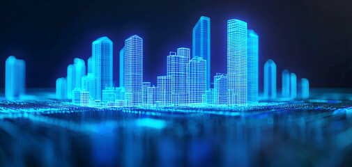 Fototapeta premium A 3D hologram of a clean energy city blueprint, presented at an innovation summit, sustainability, visionary urban planning
