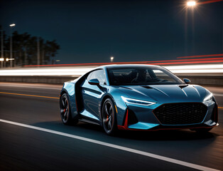 Stunning Sports Car Races Along City Highway at Night Under Bright Streetlights