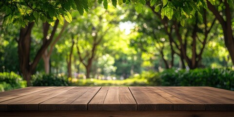 Empty wood table top and blurred green tree in the park garden background - can used for display or montage your products, ai