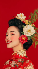 Naklejka premium A photo portrait illustration art style retro Asian woman with a smile, on the vibrant color background