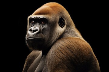 Obraz premium Photo of a gorilla isolated against a black background, emphasising the gorilla's majestic features. Wildlife and conservation concept, space for copy.