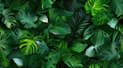 Fototapeta premium A lush green forest with many leaves and vines. Concept of peace and tranquility, as the viewer is surrounded by the beauty of nature