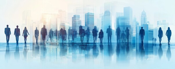 Silhouettes of business people walking in modern cityscape with skyscrapers in the background