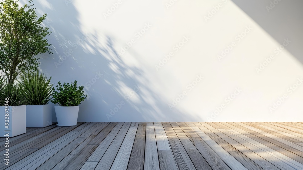 Wall mural Minimalist Patio Design with White Wall and Wooden Deck - A clean and modern patio with a white wall, wooden deck, and potted plants. The design emphasizes simplicity and tranquility, representing rel