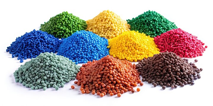 Vibrant masterbatch granules in various colors, carefully arranged and isolated on a pure white background, ideal for industrial plastic product catalogs and banners.