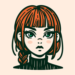 cute girl portrait with orange hair and green eyes illustration