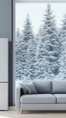 An elegant refrigerator stands prominently in a modern Scandinavian living room, illuminated by sunlight filtering through large windows showcasing lush greenery outside