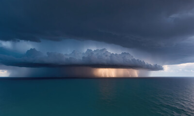 Naklejka premium Dramatic Lightning Storm Over Calm Ocean Waters Just Before Dusk
