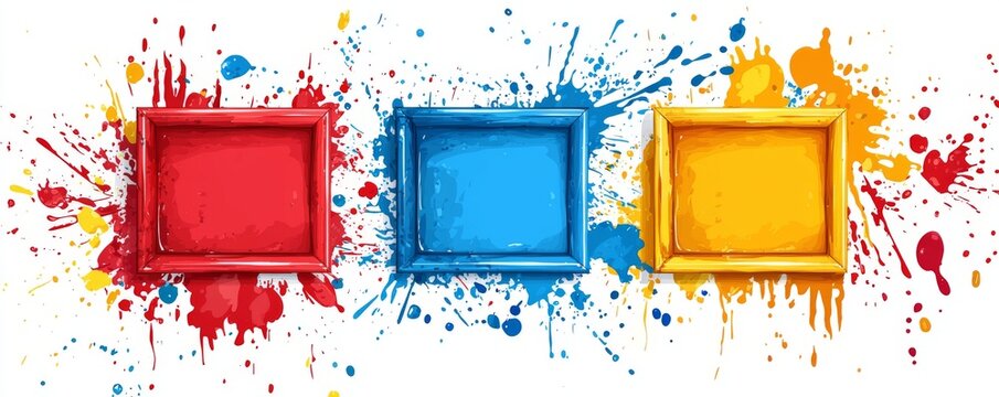 Colorful abstract art with red, blue, and yellow square frames and splatters