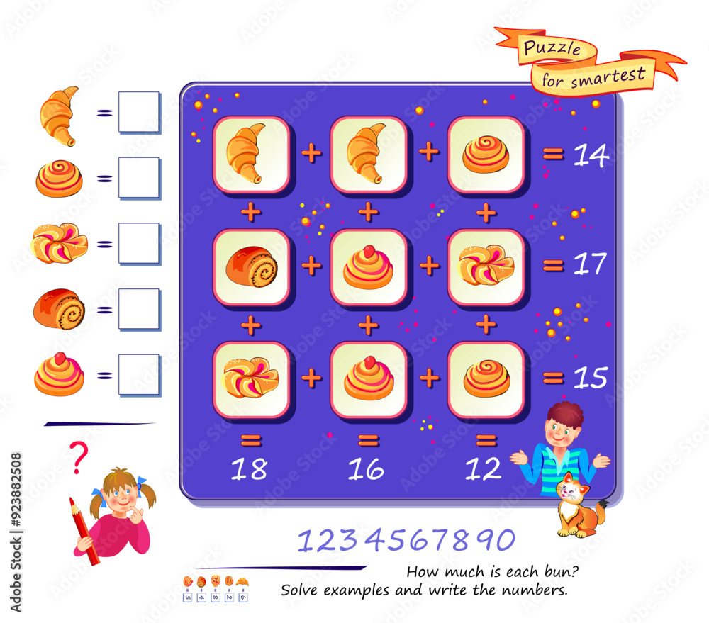 Wall mural mathematical logic puzzle game for smartest. how much is each bun? solve examples and write the numb