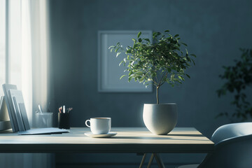 Elegant Nordic Home Office with Modern Pot Tree and Coffee with relax home environment 