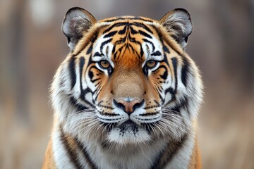 Fototapeta premium Majestic tiger laying down in its natural habitat, exuding power and grace with its intense gaze and stunning stripes.